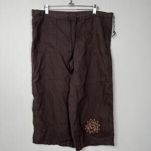 London Jean Women’s Size Medium Brown Capri Pants 100% Linen Pockets Embroidery